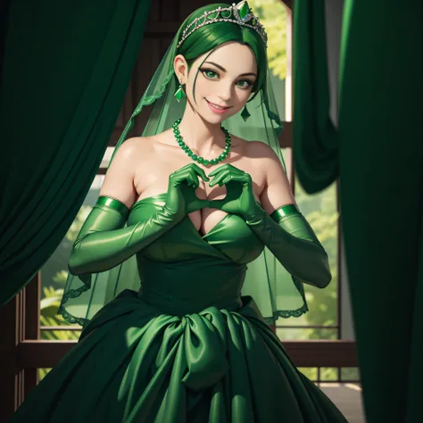 emerald tiara, Green Pearl Necklace, Boyish very short green hair, lipsticks, Japan woman smiling, very short short hair, big breasts beautiful, Green eyes, Long green gloves made of satin material, Green eyes, Emerald Earrings, green vale, Heart with both...