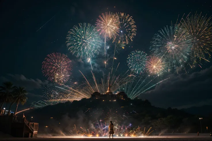 (best quality, 4k, 8k, sumo, master part:1.2), ultra-detalhado, (estilo disney, pixar, with several adults), cores vibrantes, luzes explosivas, colorful sparks, Stunning display, night sky, celebration, atmosfera alegre, alegre, pyrotechnic show, Skyline i...