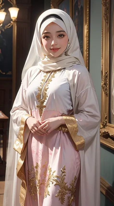 annia a veiled girl wearing a white hijab, a hidden hijab, a religious girl, a respectable girl wearing a white abaya with golden decorations and engravings, hazel eyes, white skin, pink lips, a refreshing smile, a lively girl, a movie scene, high resoluti...