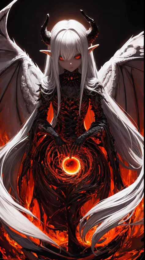 masterpiece, best quality, ultra-detailed, absurdres, colorful, 1girl, solo, (solid red eyes:1.0), (white hair, long hair, straight hair, hair over one eye:1.0), detailed eyes, wide-eyed, eyelashes, (upper body:0.8), monster girl, side view, glowing eyes, ...