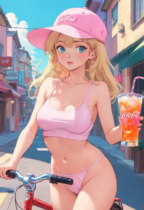 blonde naked woman in a pink hat holding a drink on a bicycle, summer day, (((naked))), (((NSFW))), (((sex))), (((no underwear))), (((show pussy))), (((bare pussy))), (((big breast))), beautiful feminine body, slim body, candy girl, white tank top with a p...