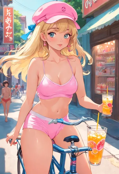 blonde naked woman in a pink hat holding a drink on a bicycle, summer day, (((naked))), (((NSFW))), (((sex))), (((no underwear))), (((show pussy))), (((bare pussy))), (((big breast))), beautiful feminine body, slim body, candy girl, white tank top with a p...