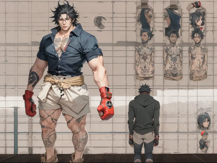 Un primer plano de un hombre rudo con tatuajes en el pecho y brazosas,en un gimnasio de boxeo,Chico guapo en el arte de Demon Slayer, Personaje masculino de anime, Arte detallado del personaje de anime, inspired by Itō Ogura Yonesuke, muscular character, P...