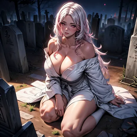 Masterpiece, 1girl,solo,huge breasts, ghost costume , (hitodama) ,night, tombstone, graveyard, long sleeves, very long sleeves, , ghost, pale skin,, off shoulder, cleavage, no bra, (((extremely long white hair))), lying on ground by tombstone, bare legs, s...