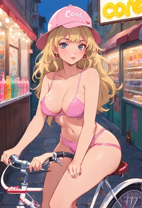 blonde naked woman in a pink hat holding a drink on a bicycle, (((naked))), (((NSFW))), (((sex))), (((no underwear))), (((show pussy))), (((bare pussy))), (((big breast))), beautiful feminine body, slim body, candy girl, white tank top with a print, bubble...