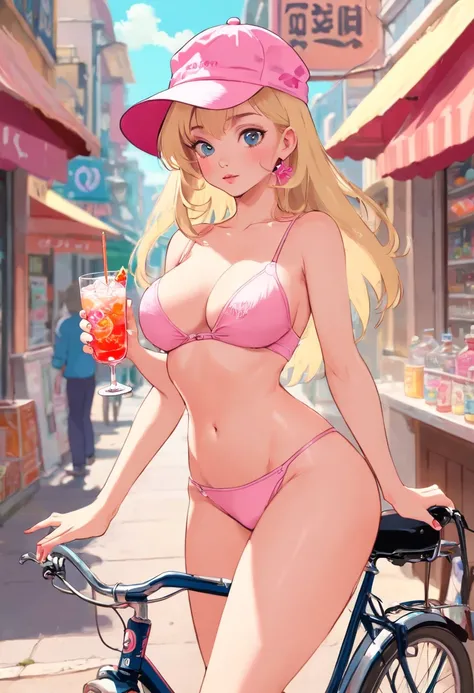 blonde naked woman in a pink hat holding a drink on a bicycle, (((naked))), (((NSFW))), (((sex))), (((no underwear))), (((show pussy))), (((bare pussy))), (((big breast))), beautiful feminine body, slim body, candy girl, white tank top with a print, bubble...