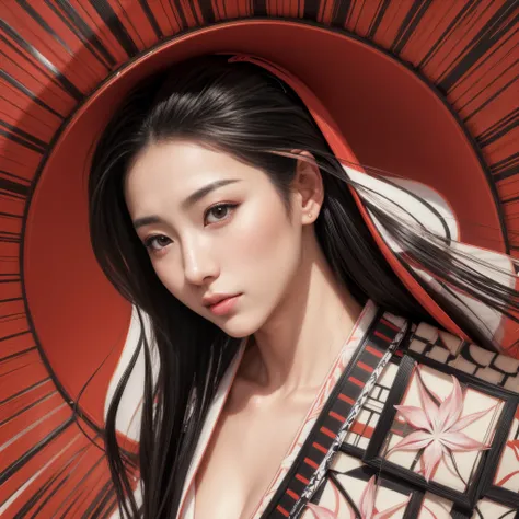 a beautiful young Japanese woman, made up, with long straight black hair, with beautiful eyes, full lips, full breasts, silky skin, wearing a beautiful low-cut kimono, in realistic digital art style, Japanese Goddess, Portrait of a beautiful realistic geis...