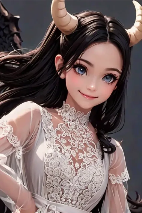 a close up of a (horned demon girl) smiling, wearing a lace cloth dress, black hair, smokey eyes makeup, (hair bow), dramatic magic floating pose, (full body)