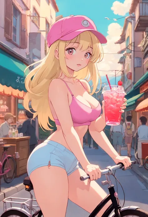 blonde woman in a pink cap holding a drink on a bicycle, cute top, (((NSFW))), (((no underwear))), (((show pussy))), (((bare pussy))), (((big breast))), beautiful feminine body, slim body, candy girl, bubblegum body, 90s style, 9 0 s vibe, in style of petr...