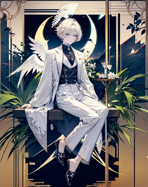 male angel sitting on rebar、full body Esbian、Holding my broken wings、Fashionable、Dior、an legs、shoe、trouser