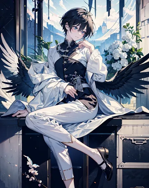 male angel sitting on rebar、full body Esbian、Holding my broken wings、Fashionable、Dior、an legs、shoe、trouser