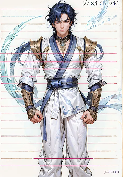 A young man, indigo blue hair, raised and fluffy short hairstyle, sharp gaze, a serious expression, a fantasy martial arts style sky-blue fabric kung fu outfit, tattered sleeves, hands wrapped with cords, a linen belt tied around the waist, coarse fabric t...