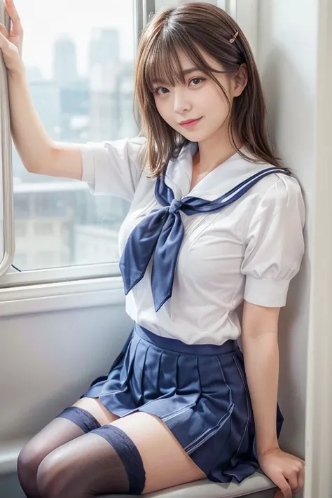 top-quality,ultra-detailliert,​masterpiece,realisitic,Photo Real,Bright lighting,1 girl in, an extremely beautiful 17-year-old girl, (kawaii:1.2),Thin smile, (Brown eyes),(brown haired),(bangss),perfect glossy skin,flawless skin,((erotick,Sexy and sexually...