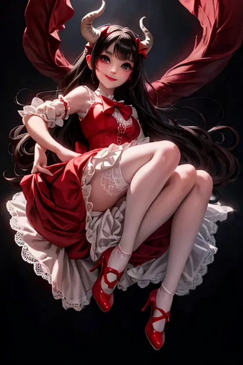 masterpiece, best quality, detailed face, a (horned demon girl) smiling, wearing a lace cloth dress, black hair, red smokey eyes makeup, (hair bow), white stockings, red pumps, dramatic magic floating pose, (full body).