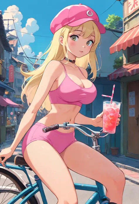 blonde woman in a pink cap holding a drink on a bicycle, (((NSFW))), (((no underwear))), (((show pussy))), (((bare pussy))), (((big breast))), beautiful feminine body, slim body, candy girl, bubblegum body, 90s style, 9 0 s vibe, in style of petra collins,...