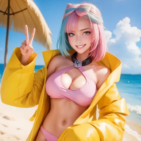 ionojacket,1 girl,pink eyes,solo,smile,open mouth,fangs, peace, sign, big breasts,beach