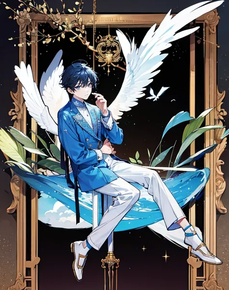 male angel sitting on rebar、full body Esbian、Embrace your broken wings、Fashionable、Dior、an legs、shoe、trouser,Plain clothe