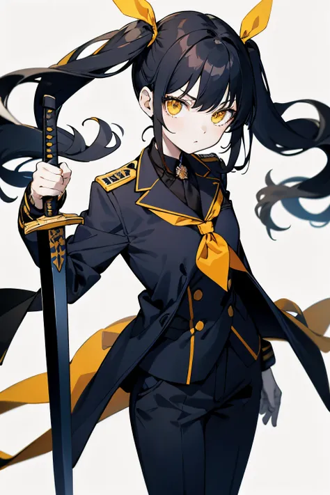 (masterpiece, best quality), 1girl, blank background, black hair twin tails, amber eyes, navy blue coat, pale yellow suit, graded military shoulder boards, sword holstered on back, looking at viewer, determined