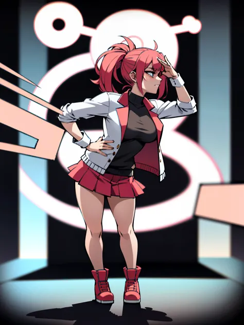 gorgeous girl standing in a room, cute, anime style, pink hair, kawaii, jacket and mini skirt, doing a majestic pose, in an action pose, distorted pose, action pose, doing a hot majestic pose, cool pose, posing like a statue, with a cool pose