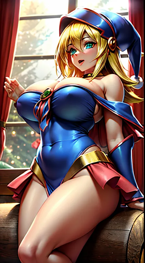 Beautiful and sexy Santa Claus girl with a sexy shape that fits in a beautiful Santa Claus suit, Many complex designs of fir trees....,cuerpo delgado, ojos azules. cabello rubio. labios rojos. Tetas enormes, Cintura delgada. In a magical and cozy cabin ful...