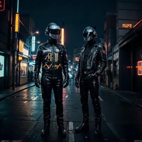 Daft Punk on a cyberpunk themed street. Neon signs in the background. Night time. 3D render, High detail. 8k, masterpiece. Digital Painting. Reflections, ultra realistic. Detailed textures. Movie Poster effect