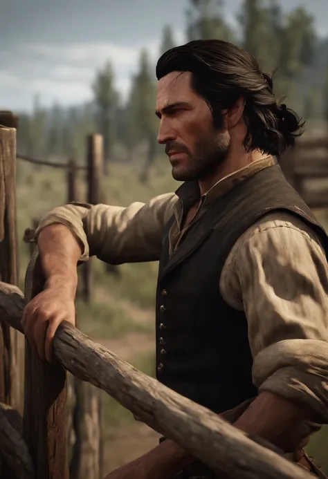 A picture of John repairing a broken fence on his property.,Red Dead Redemption,A man with shoulder-length black hair he has swept back. Black stubble. Mid-thirties. Half of his face has claw mark scars.