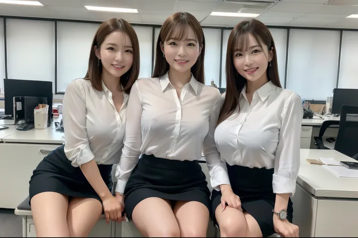 ((Best Quality, 8k, Masterpiecedetails, ultra-high resolution)), (looking at the viewer), (full shot:), attractive business 5 milfs, 5 people, a bit chubby:0.25, white collared shirt, grey skirt, (sitting with cross legs on office desks)), smile, office of...