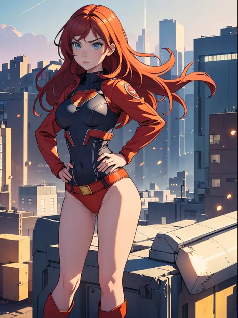 masterpiece, best quality, 1girl, superhero, leotard, bare legs, knee boots, matching boots, heroic, city backdrop, standing, body infused with energy, light particles, solo, single, cowboy shot, perfect anatomy, hand on hip, red hair, beautiful detailed e...