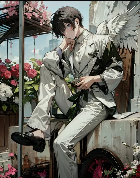 male angel sitting on rebar、full body Esbian、Embrace your broken wings、Fashionable、Dior、an legs、shoe、trouser,Plain clothe