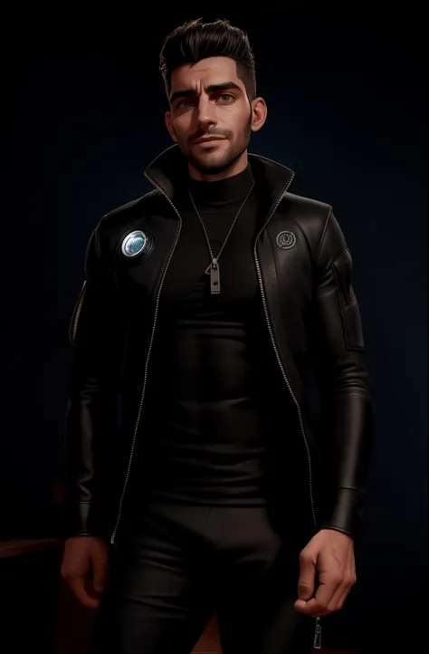 Num estilo cyberpunk, the busty man wears a flexible tactical black t-shirt, contouring your muscles. Breathable fabric and discreet seams ensure urban comfort. A jaqueta cyberpunk, ponto focal, incorpora detalhes futuristas:

Material High-Tech: The jacke...