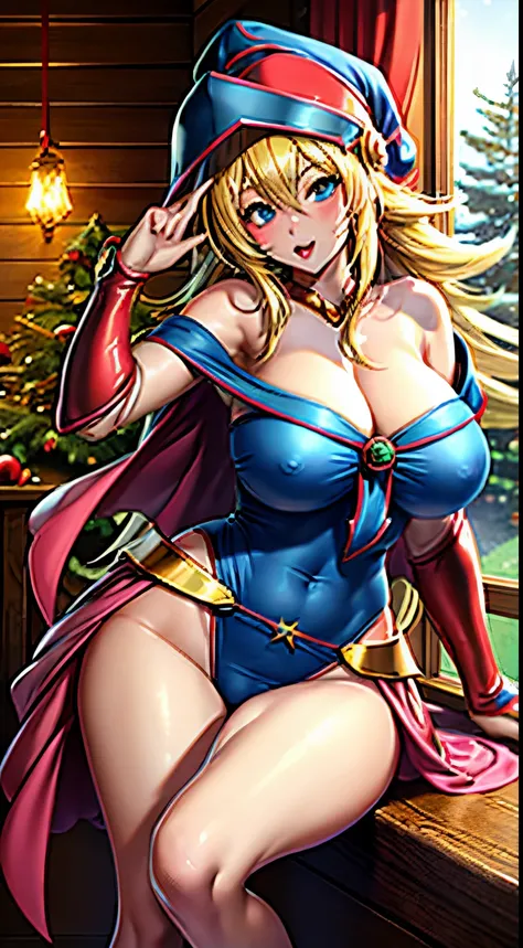 Beautiful and sexy Santa Claus girl with a sexy shape that fits in a beautiful Santa Claus suit, Many complex designs of fir trees.....,cuerpo delgado, ojos azules. cabello rubio. labios rojos. Tetas enormes, Cintura delgada. In a magical and cozy cabin fu...