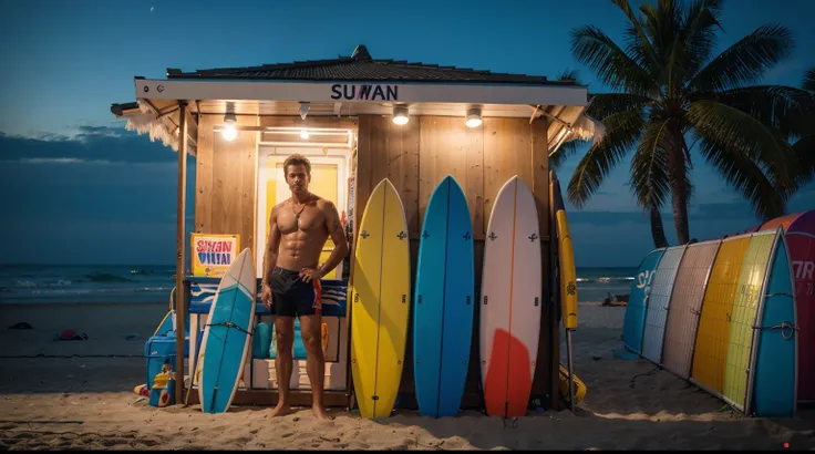 Procedural Divisionism |leaning their colorful surfboards against a booth on the night beach|, man modelling beside, professional photography