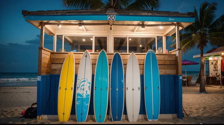 Procedural Divisionism |leaning their colorful surfboards against a booth on the night beach|, man modelling beside, professional photography