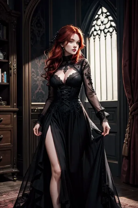 a gothic redhead with dark powers using a sexy  black lace dress