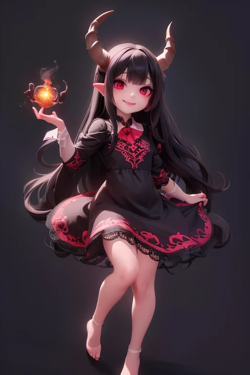 a (horned demon girl) smiling, wearing a lace cloth dress, black hair, red smokey eyes makeup, ((hair accesories)), dramatic mag...