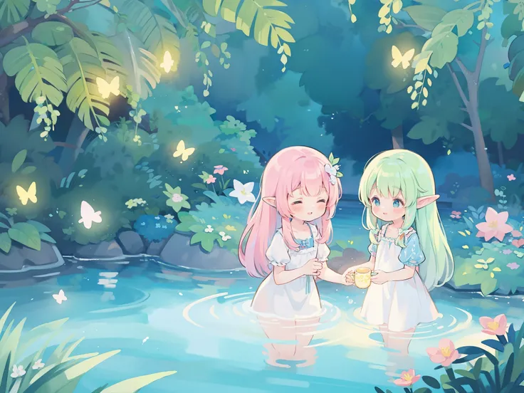 watercolor illustration, vibrant pastel colors, dreamy, colorful, whimsical, magical, masterpiece, best quality, sharp focus, intricately detailed environment, fine detail, 8k resolution, waterfall lagoon, beautiful elf girl in the water, (((1girl)))