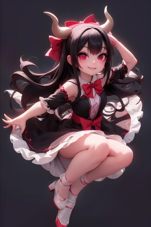 masterpiece, best quality, a (horned demon girl) smiling, wearing a lace cloth dress, black hair, red smokey eyes makeup, ((hair...