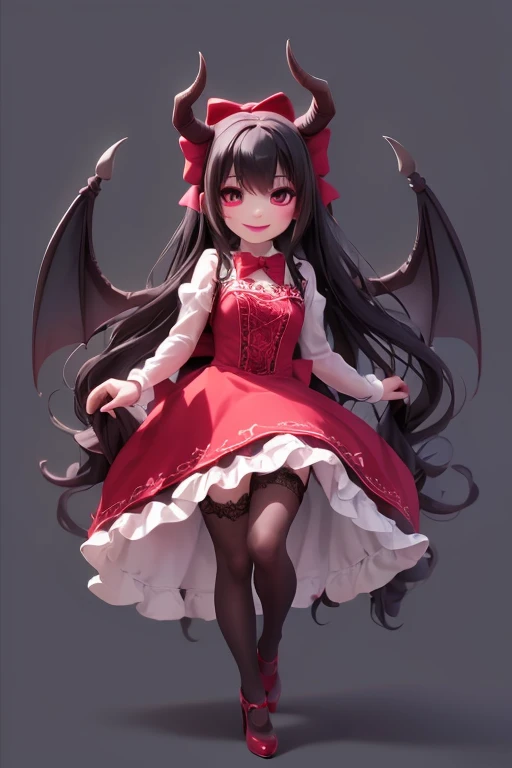 masterpiece, best quality, a (horned demon girl) smiling, wearing a lace cloth dress, black hair, red smokey eyes makeup, ((hair bow)), stockings, pumps, dramatic magic floating pose, (full body), (((sfw)))