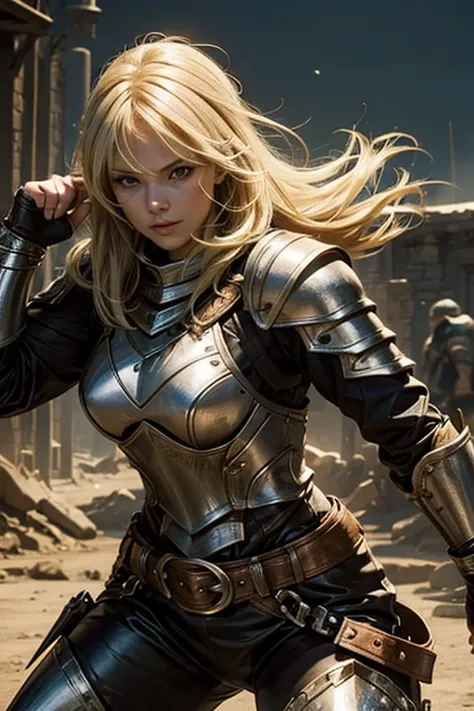 a blonde fighter strong woman using a leather armour