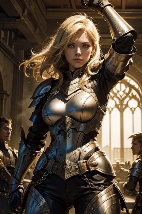 a blonde fighter strong woman using a leather armour