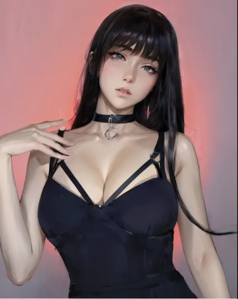 Anime woman with long hair, wearing a black dress