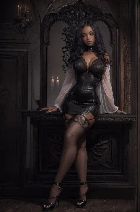 (best quality, 4k, 8k, highres, masterpiece:1.2), ultra-detailed, (realistic,photorealistic,photo-realistic:1.37), gorgeous light skin black woman, vampire, seductive gaze, elegant posture, gothic background, sensual beauty, gothic fashion, black gothic mi...