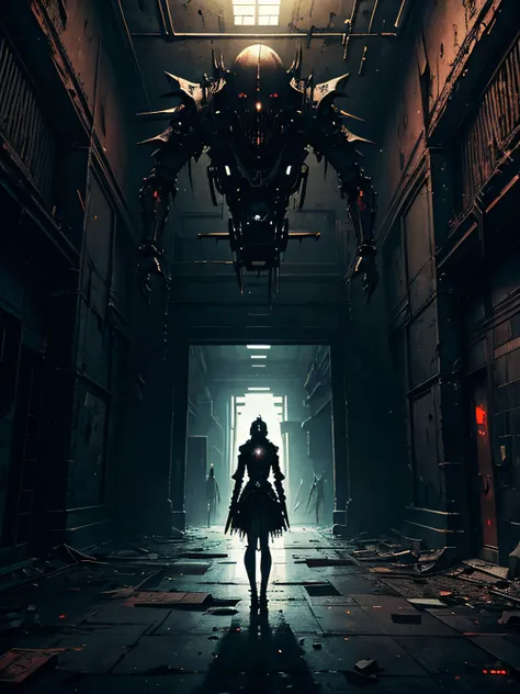 masterpiece, ((horror art)), presence of terrible thing, oppressive atmosphere, dark cyberpunk art, gloomy art, abandoned huge empty hall, (dark night), highly detailed abandoned hall, mechanized girl, automaton girl, perfect anatomy