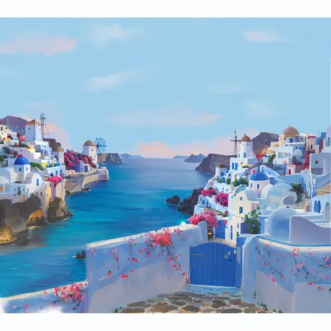 oil painting (oil paint) view of a city with a blue gate and a body of water, Panorama da fantasia grega, Paisagem grega da fantasia, Mediterranean View, mediterranean island scenery, Mediterranean town, in a mediterranean lanscape, mediterranean fisher vi...