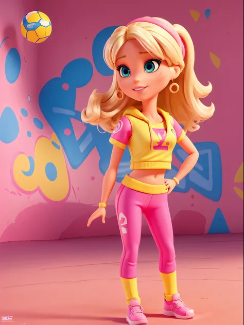 Create a Barbie with pink and yellow sportswear, pink pants, blue eyes, blonde hair, playing sports, colorful graffiti background, with abstract graphics and rock and roll.