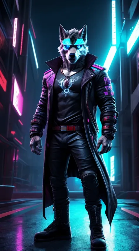 (Best Quality), 1 Male, Adult, Anthropomorphic Dark Gray Canid Wolf, Full Body, Standing Pose, Violet Eyes, Dark Gray Furs, Black Medium Hair, Wearing Dantes Clothes (from DmC: Devil May Cry one, released in 2013) and His Clothes Only, Muscular Body, Furry...