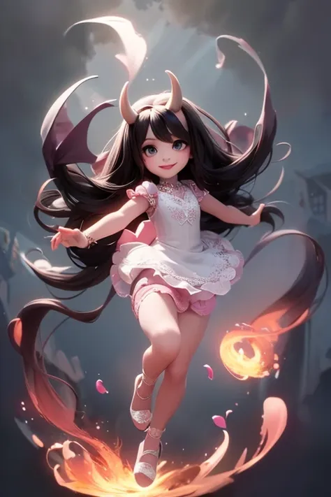 a (horned demon girl) smiling, wearing a lace cloth dress, black hair, red smokey eyes makeup, hair accesories, dramatic magic floating pose, (full body), (((sfw)))