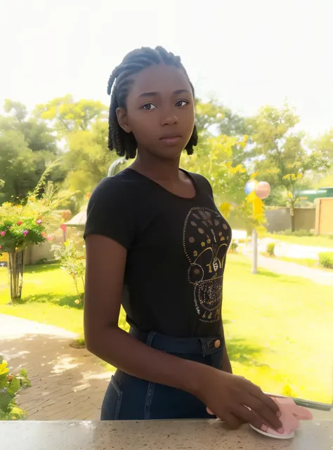 there is a young girl standing in front of a table with a cake, she is about 1 6 years old, black teenage girl, around 1 9 years old, 18 years old, 1 6 years old, 19-year-old girl, light skinned african young girl, she is about 2 0 years old, she is about ...