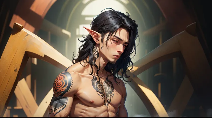 Shoulder length wavy black hair, black eyes, tan, elf, tattoos up his arm and half his neck, male