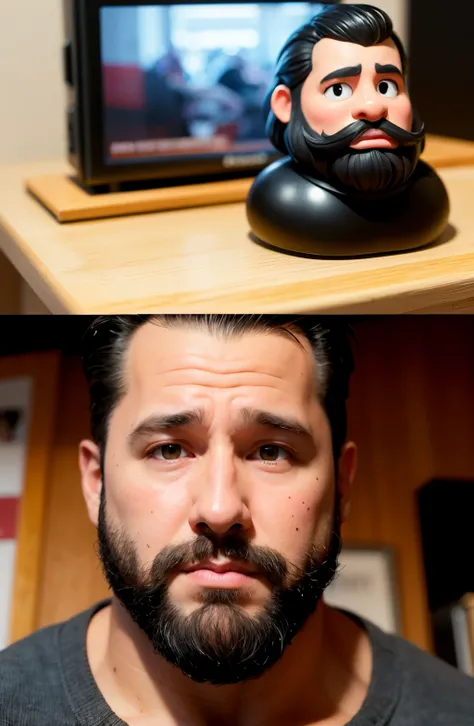 Create a 3D Pixar animation of a 37-year-old TV presenter with a stubble beard and black hair shaved at the sides